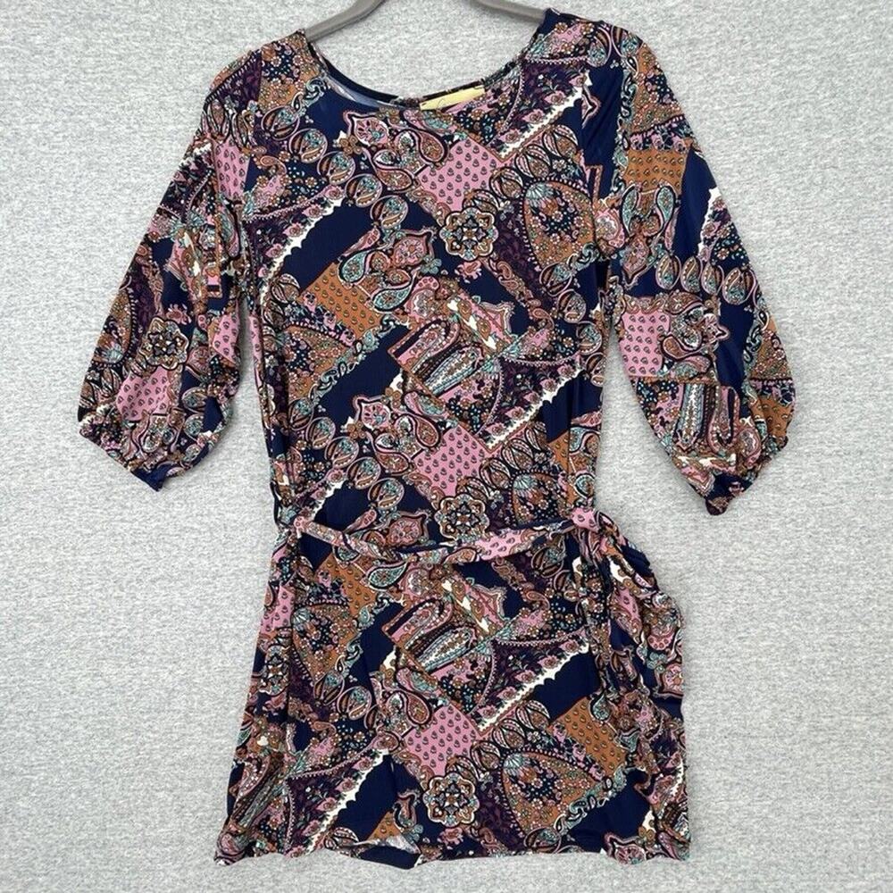 How Very Loved Dress Womens Medium Blue Pink Paisley Belted 3/4 Sleeve Ladies
